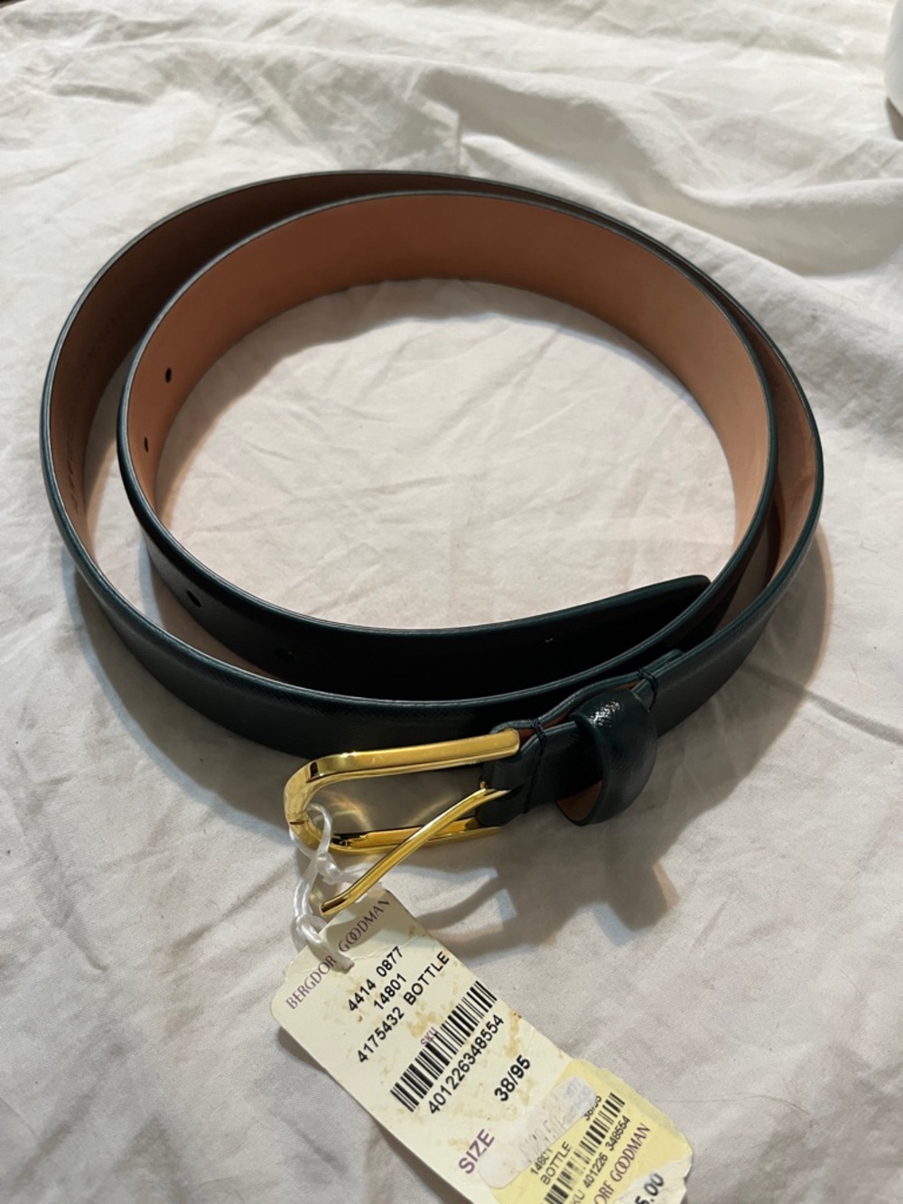 Green Leather Men's Belt with Gold Buckle